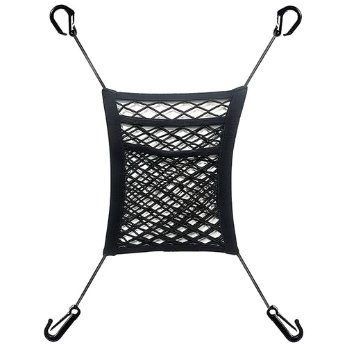 A black stretchable mesh divider and between-seat pet barrier featuring four mounting hooks on a white background.
