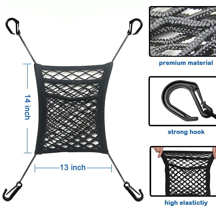 A technical diagram displaying the unstretched dimensions and material close-ups of the stretchable car seat mesh organiser.