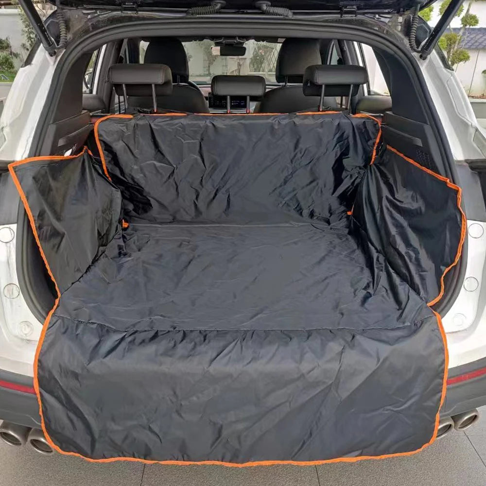 Empty black waterproof boot liner installed in an SUV cargo area, displaying elevated side walls and an extended bumper protection flap.