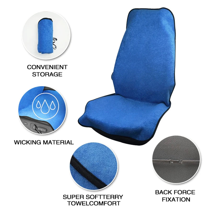 Feature highlights of the car seat protector detailing the convenient storage roll, wicking material, terry towel fabric, and back force fixation.