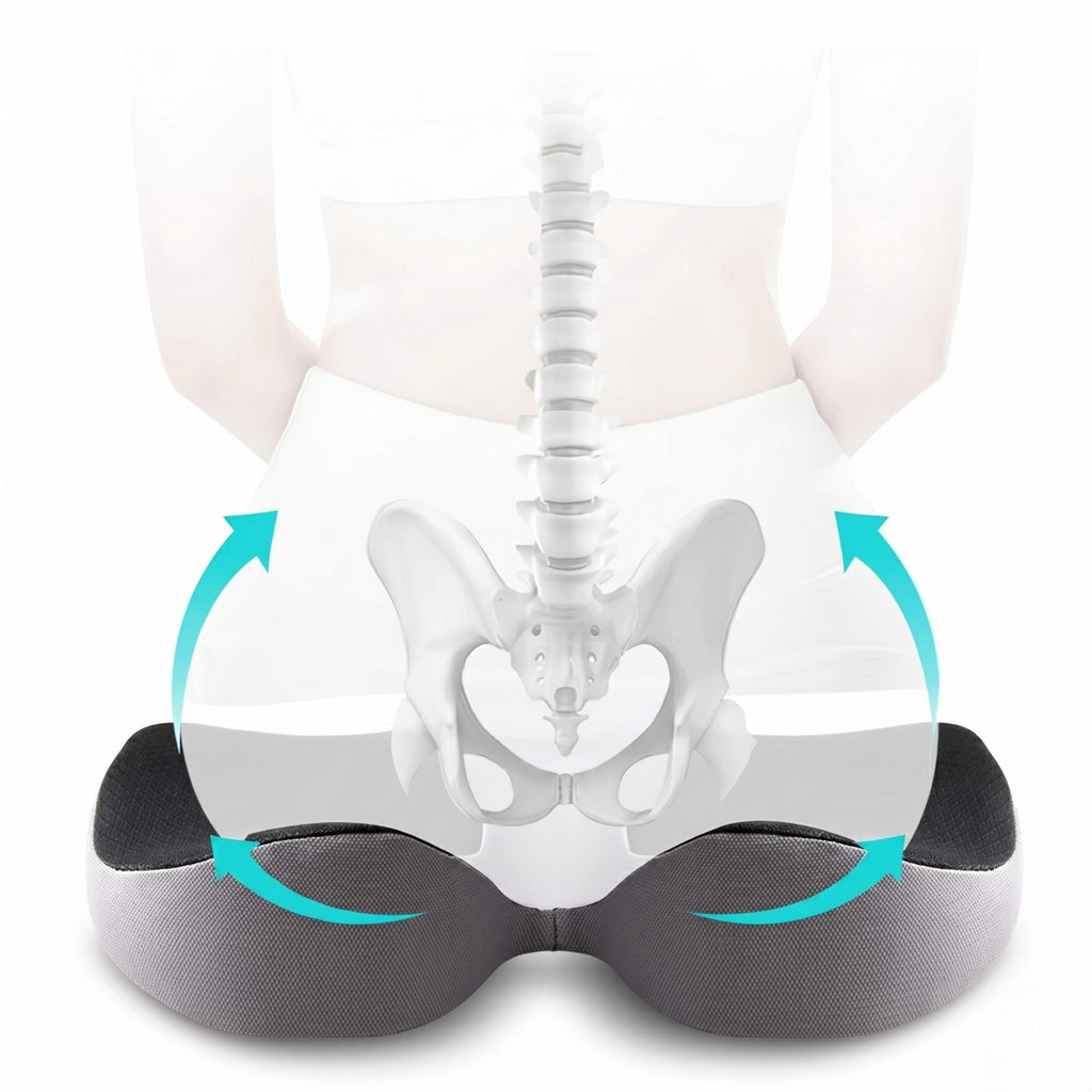 Anatomical graphic demonstrating how the ergonomic driving cushion supports the spine and relieves tailbone pressure during long drives.