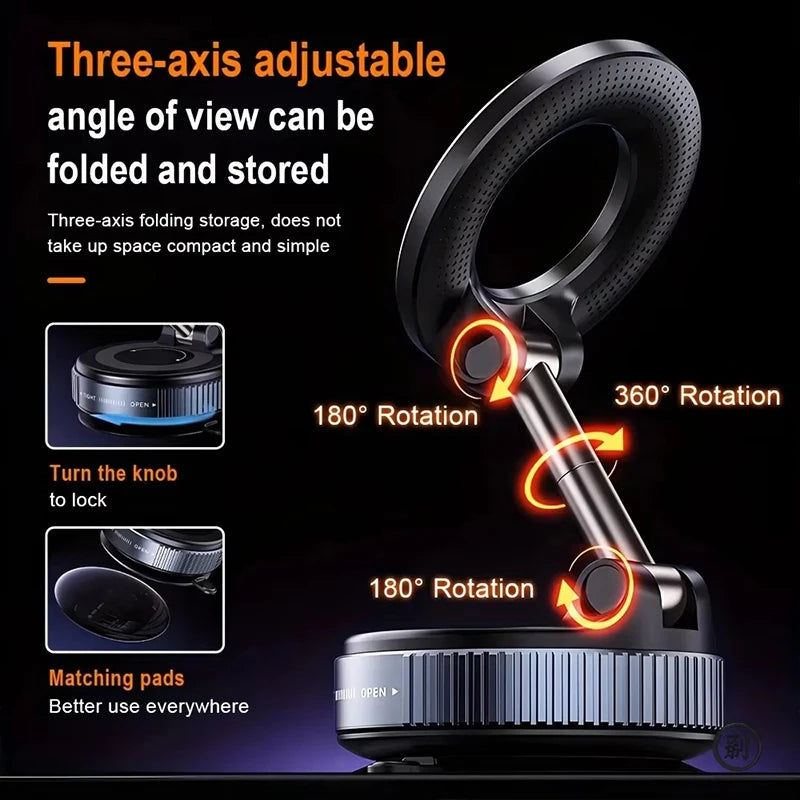 Diagram detailing the three-axis adjustable folding structure and 180-degree rotation points of the magnetic phone mount.