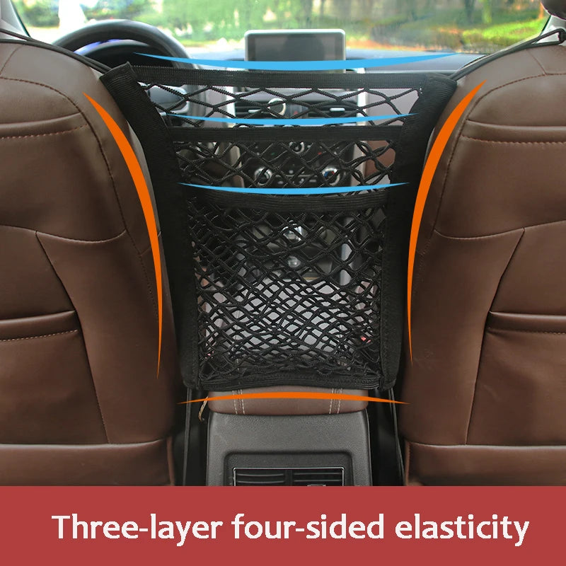 A diagram illustrating the three-layer, four-sided elastic construction of the vehicle seat mesh divider expanding to fit the central console.