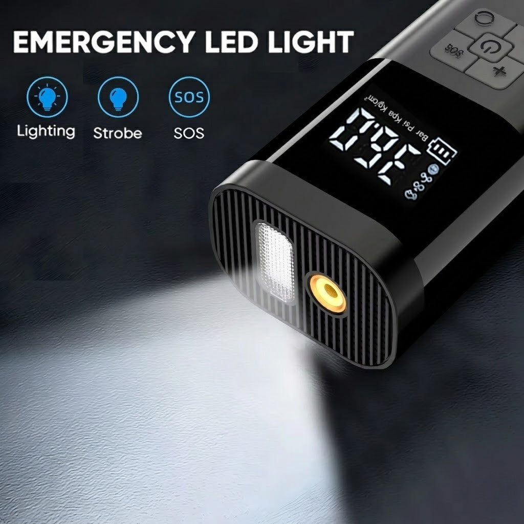 Close up of the emergency LED light features on the digital tyre inflator, highlighting the standard lighting, strobe, and SOS emergency functions.