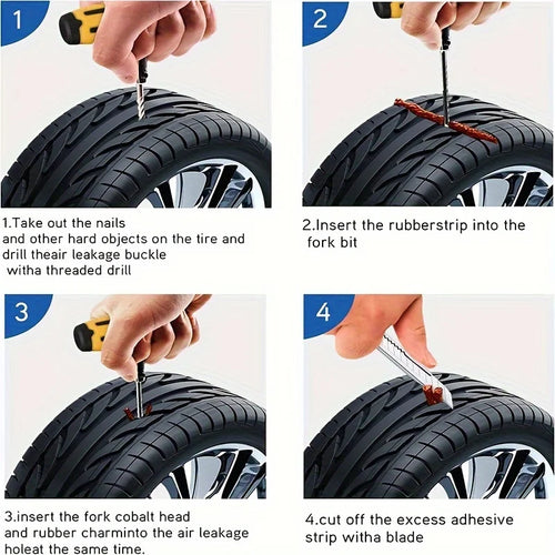 Four-step photographic guide demonstrating how to prepare a tyre puncture and insert a rubber repair strip while the wheel remains attached to the vehicle.