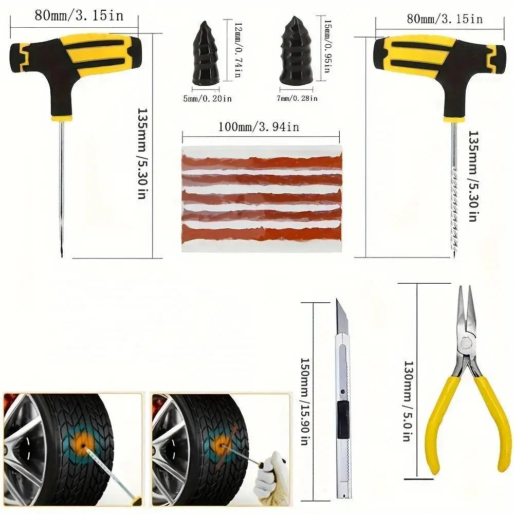 Dimension and size specifications for the metal T-handle reamer, plugger, rubber strips, and additional repair tools included in the set.