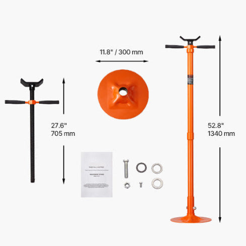 Under-Hoist Support Stand dimensions: 1340 mm maximum height and 300 mm base, with fittings and manual included