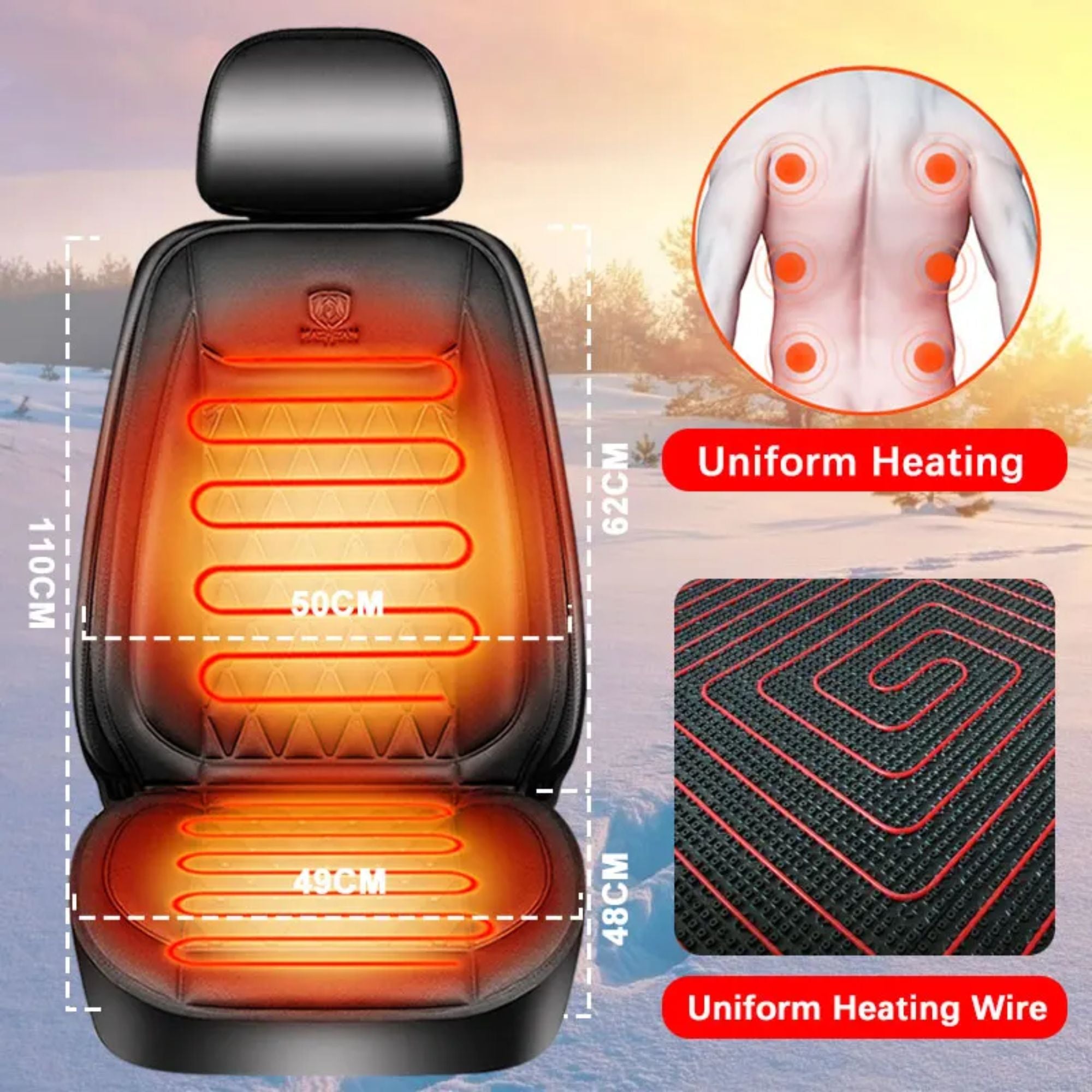 Technical diagram displaying uniform heating wire distribution for lower back relief, along with exact product dimensions of 110 centimetres tall and 50 centimetres wide.