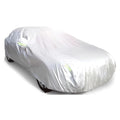 Universal Outdoor Car Cover in silver waterproof Dacron fabric fitted over a sedan on a white background