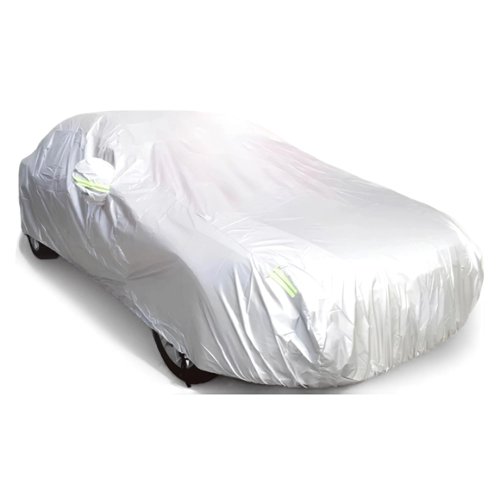 Universal Outdoor Car Cover in silver waterproof Dacron fabric fitted over a sedan on a white background