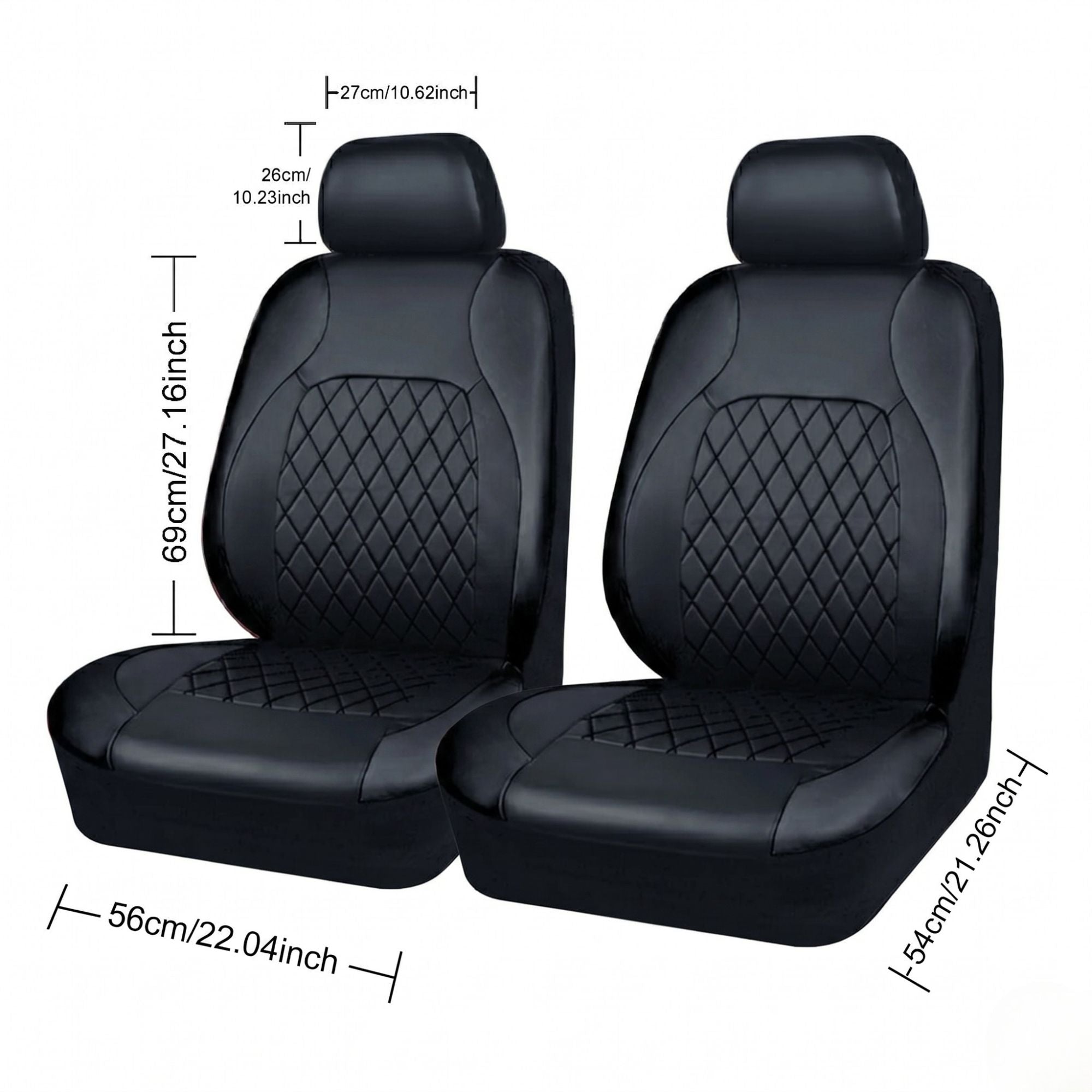 Dimensional diagram for the front car seat covers, showing a length of 118cm and a width of 56cm for fitment verification.
