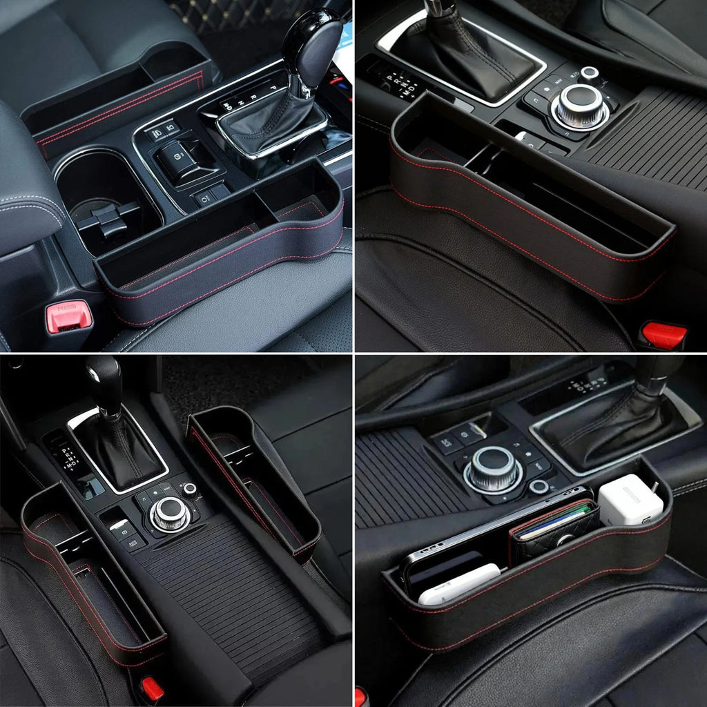 Four-panel grid showing different angles of a car seat gap filler installed seamlessly alongside a vehicle's centre console.