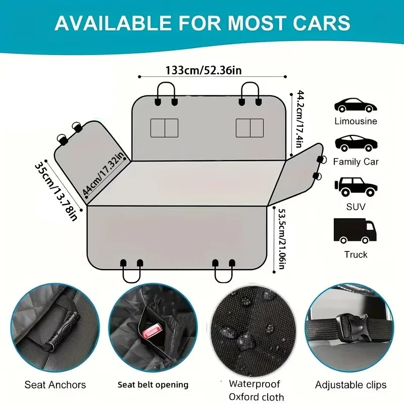 Dimensional diagram of the dog car seat hammock displaying a width of 137cm and indicating universal fitment capabilities for cars, SUVs, and trucks.