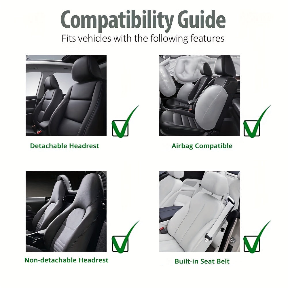 Vehicle compatibility guide showing that the seat cover fits seats with detachable headrests, non-detachable headrests, built-in seat belts, and side airbags.
