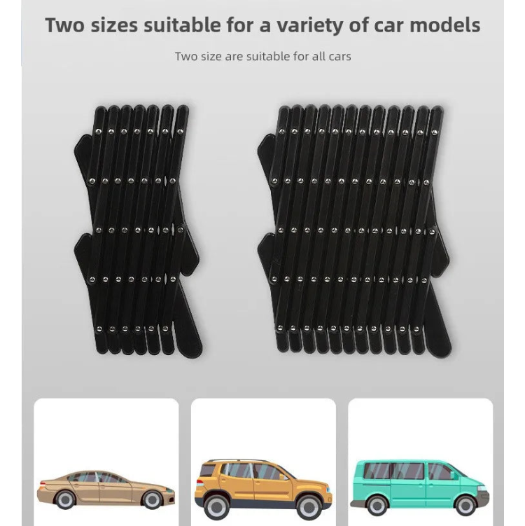 An illustration showing the two sizes of the retractable pet barrier alongside sedans, SUVs, and vans to indicate broad vehicle compatibility.