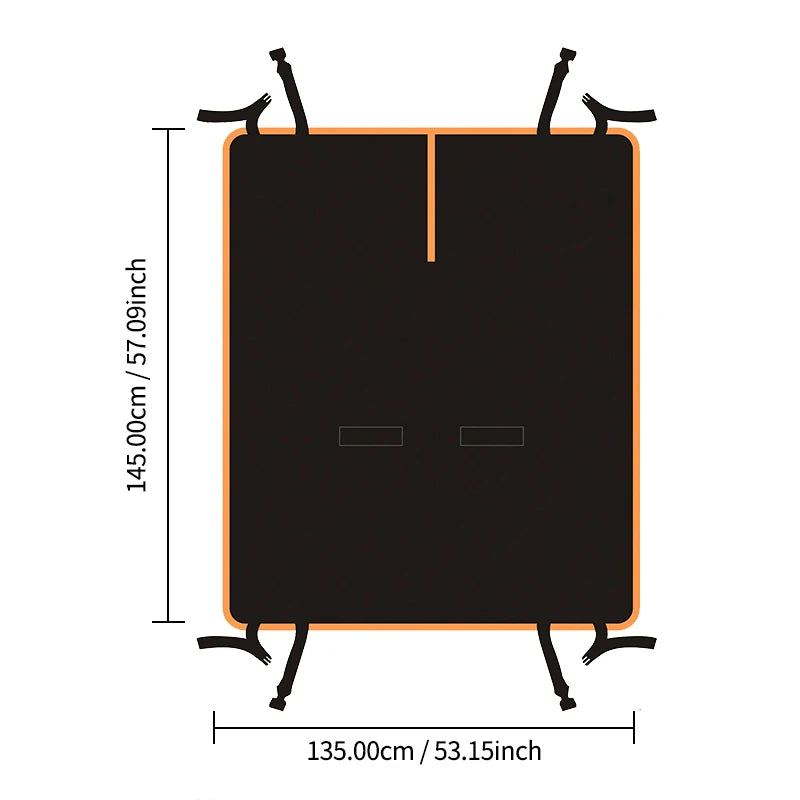 Dimension diagram of a dog backseat hammock and seat protector measuring 145 centimetres in length by 135 centimetres in width.
