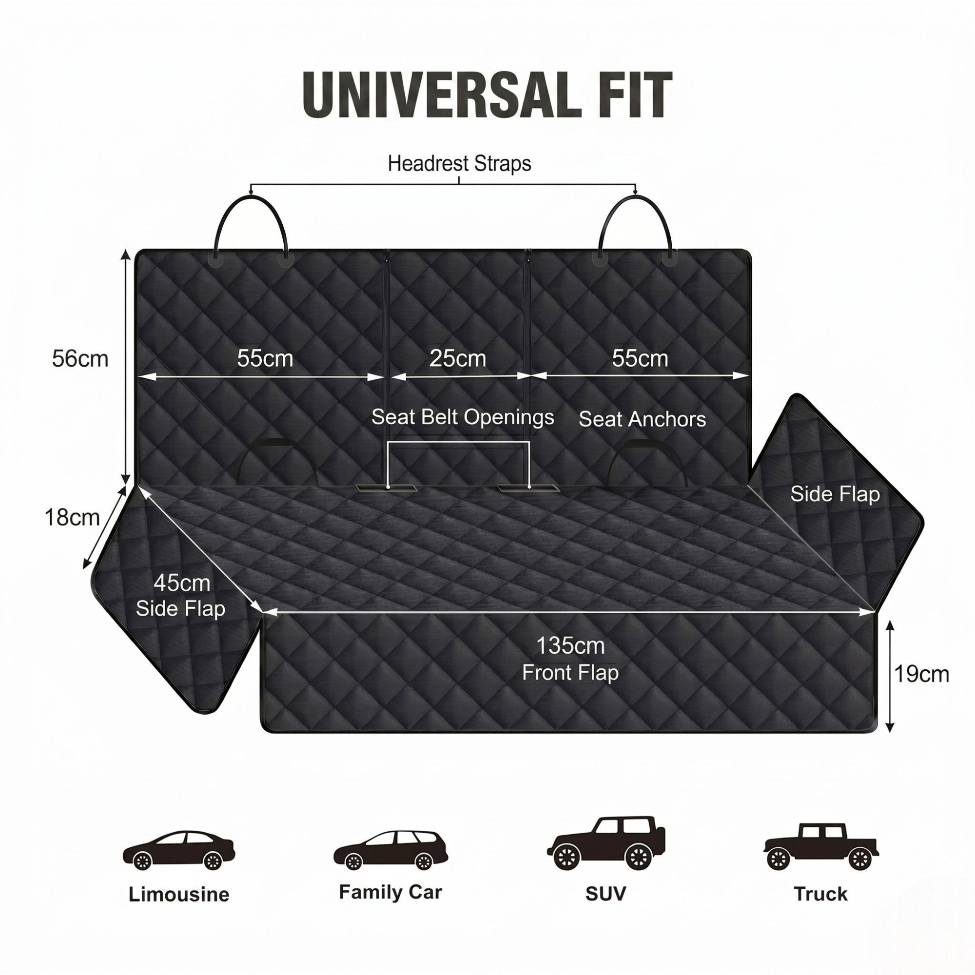 Dimension guide for a universal fit pet car seat cover showing exact metric measurements in centimetres for limousines, family cars, SUVs, and trucks.