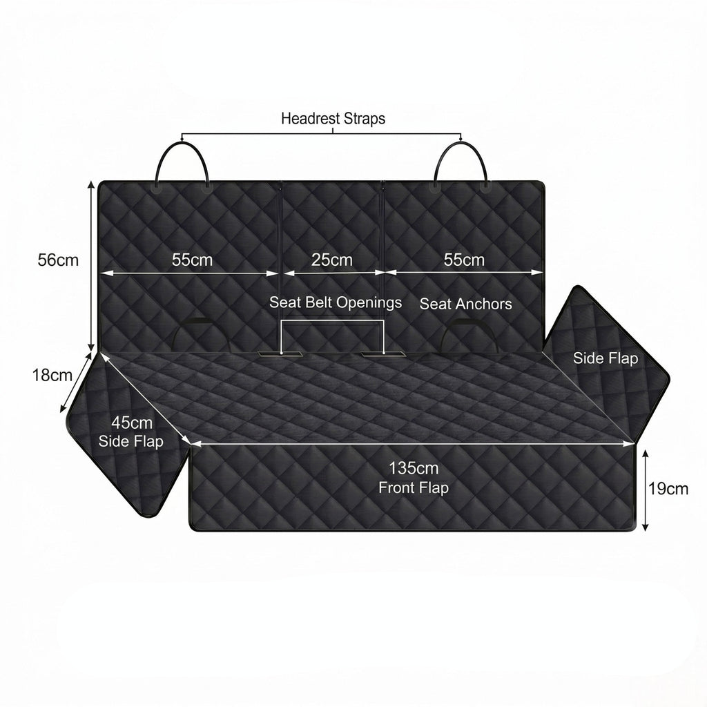 A black quilted car seat liner with labeled dimensions and callouts for headrest straps, seat belt openings, side flaps, front flap, and anchoring points on a white background.