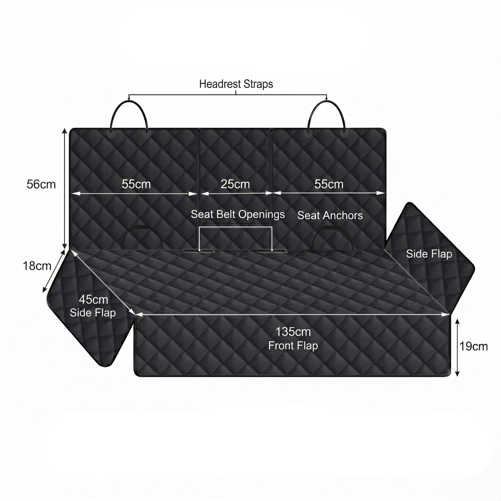 A black quilted car seat liner with labeled dimensions and callouts for headrest straps, seat belt openings, side flaps, front flap, and anchoring points on a white background.