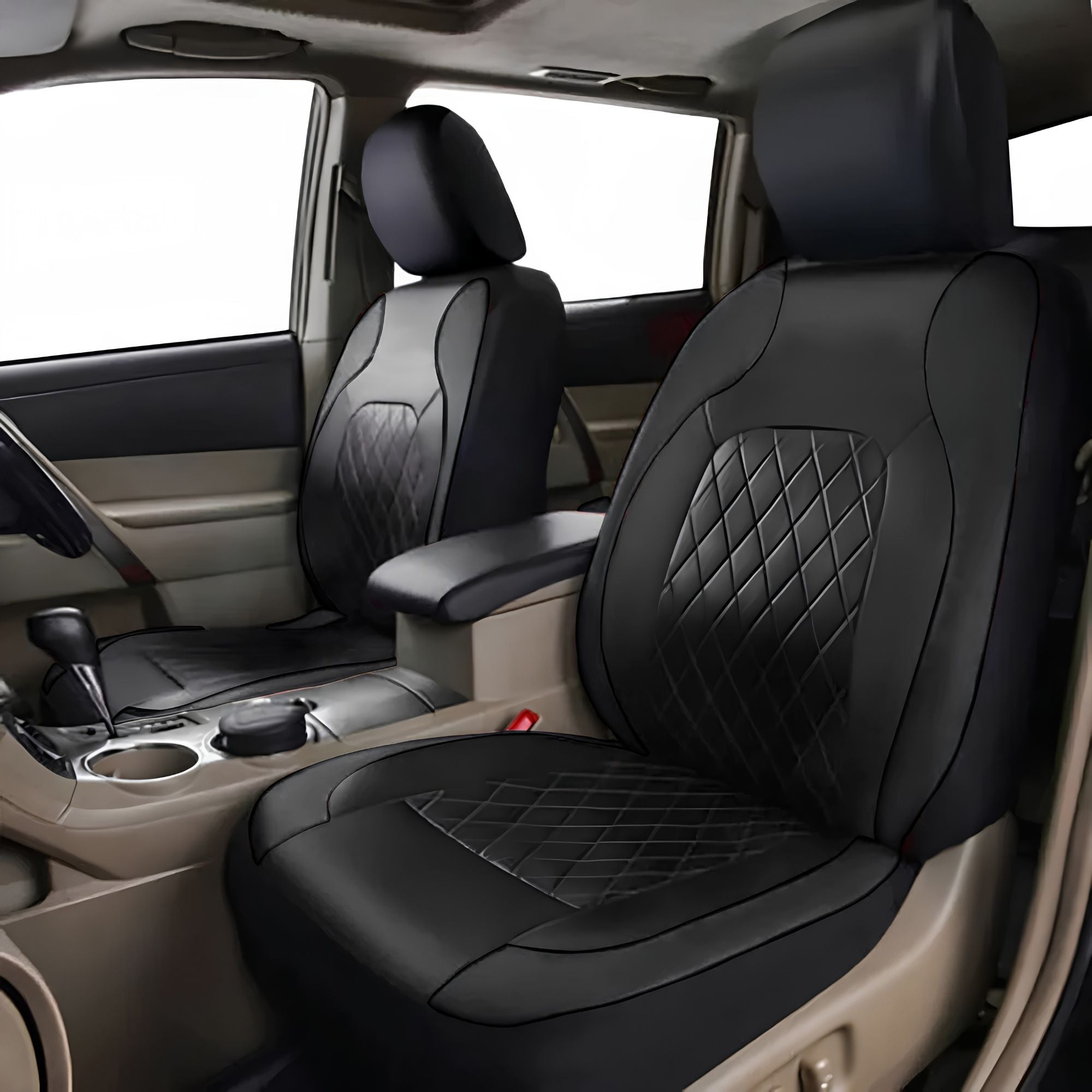 Black quilted faux leather car seat cover installed on the front passenger seat of a vehicle interior.