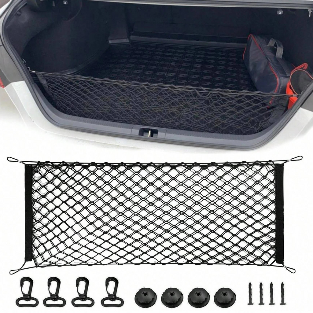 A black elastic mesh barrier installed across the rear opening of an empty car boot to demonstrate universal fitment and spatial coverage.