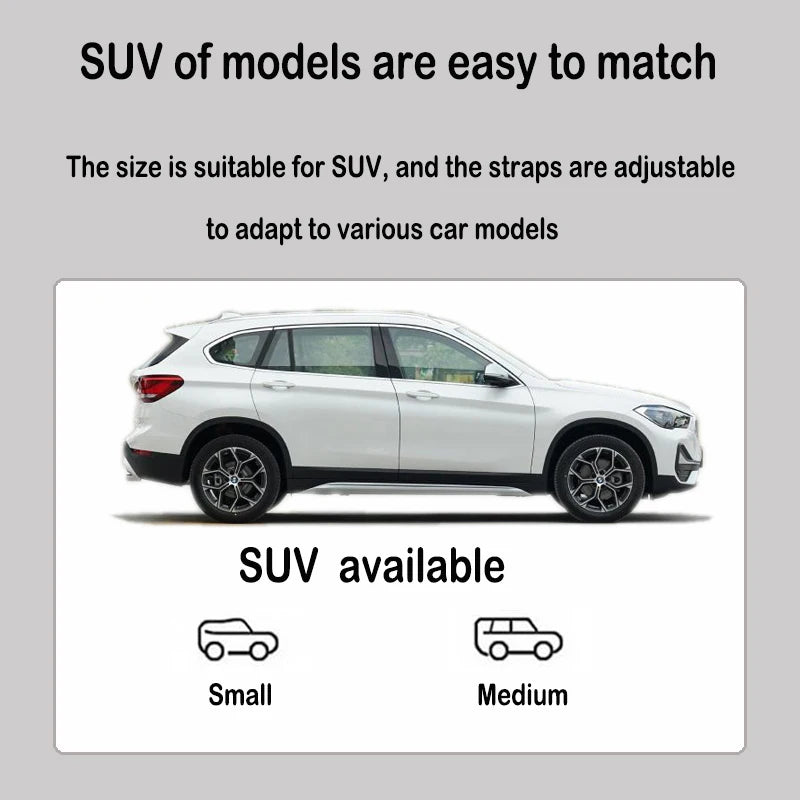 Graphic demonstrating the universal fit compatibility of the adjustable pet cargo liner for small and medium SUV models.