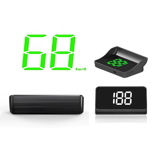 Universal GPS head-up display and digital speedometer unit shown from multiple angles with a green digital readout against a white background.