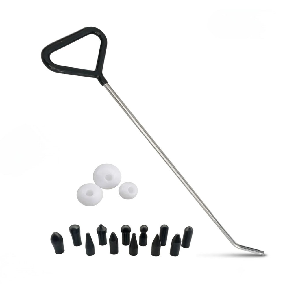 20-inch stainless steel paintless car dent removal rod with an ergonomic T-handle, assorted black contoured tips, and white rounded attachments.