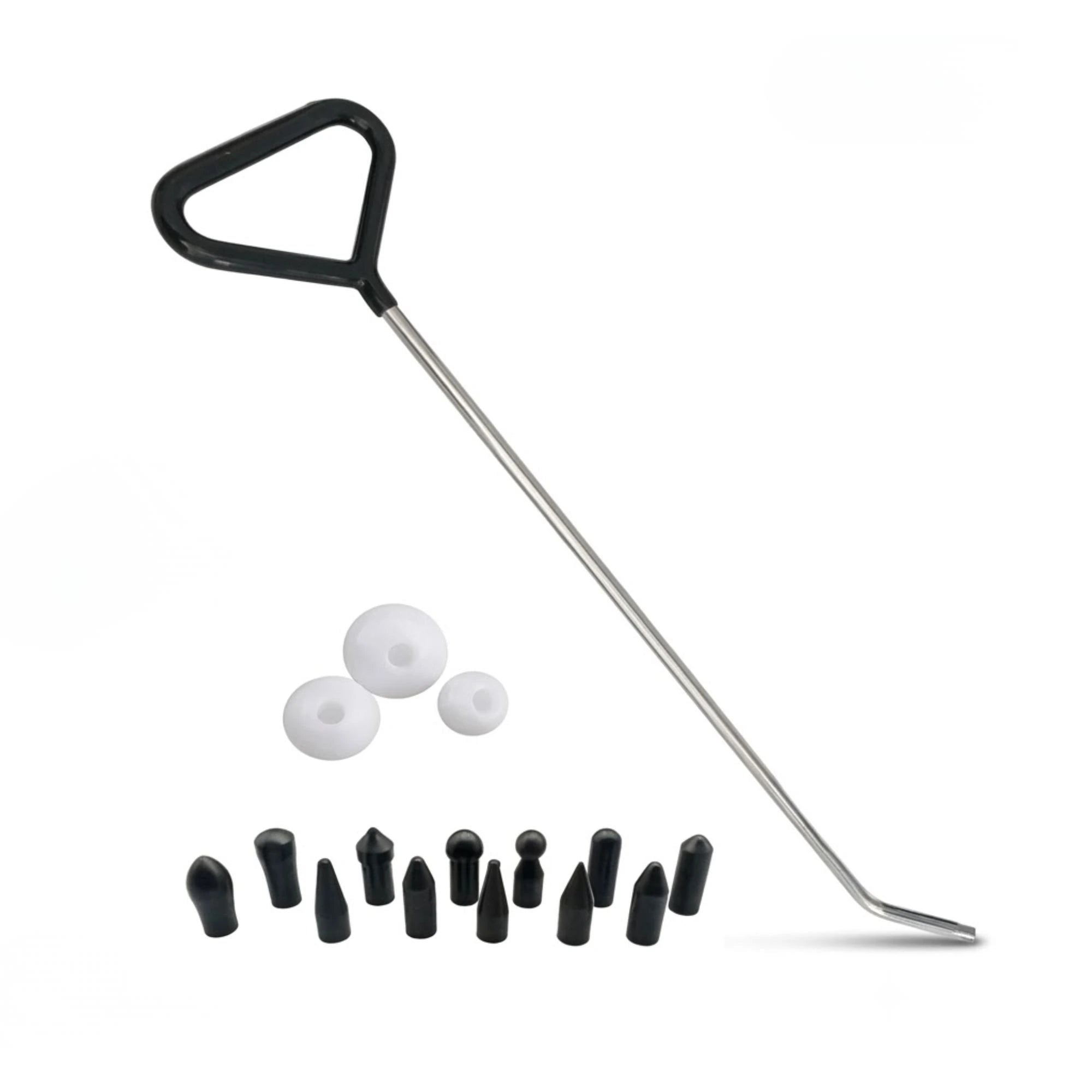 20-inch stainless steel paintless car dent removal rod with an ergonomic T-handle, assorted black contoured tips, and white rounded attachments.