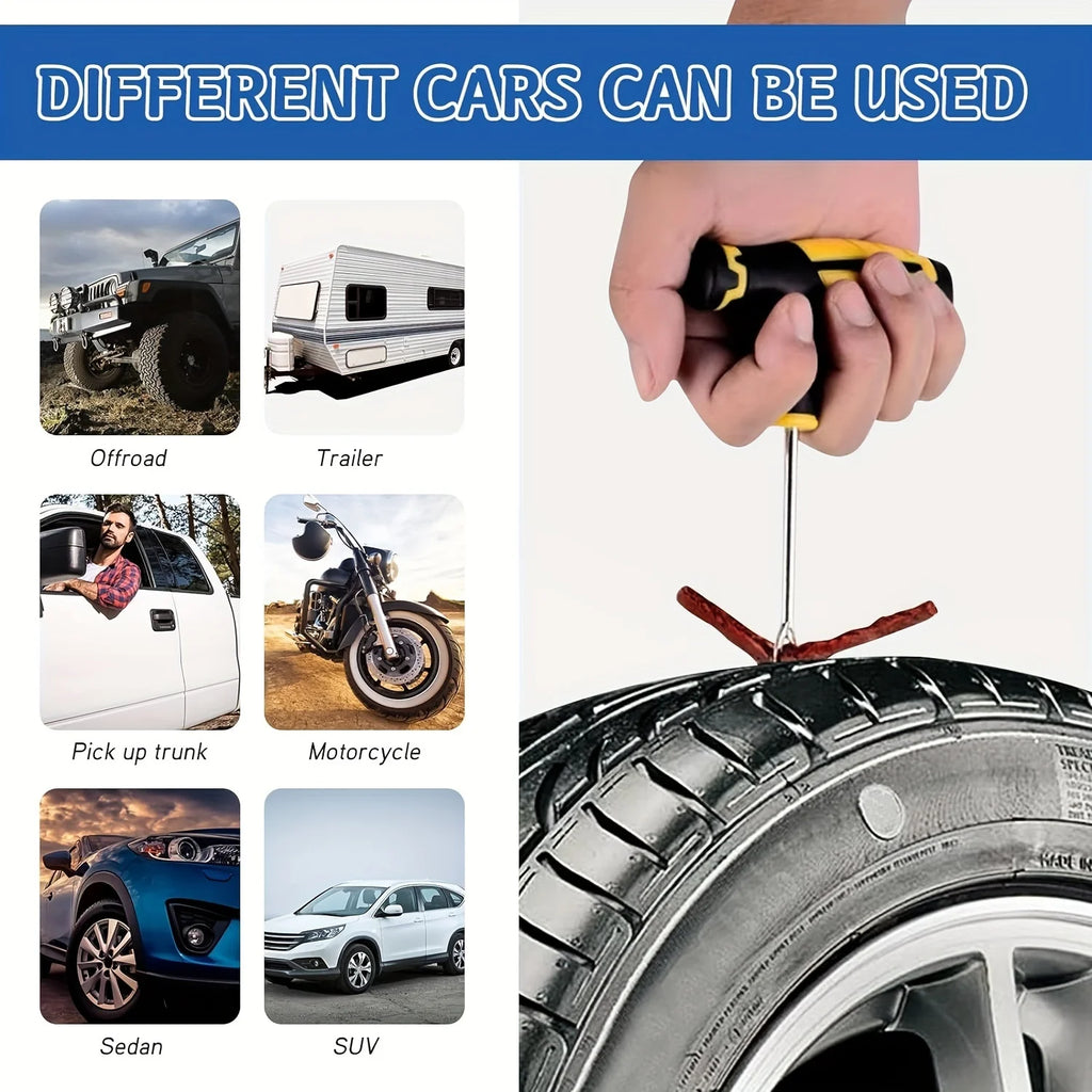 Compatibility grid showing the tyre repair tools being used on off-road vehicles, trailers, pickup trucks, motorcycles, standard passenger cars, and SUVs.