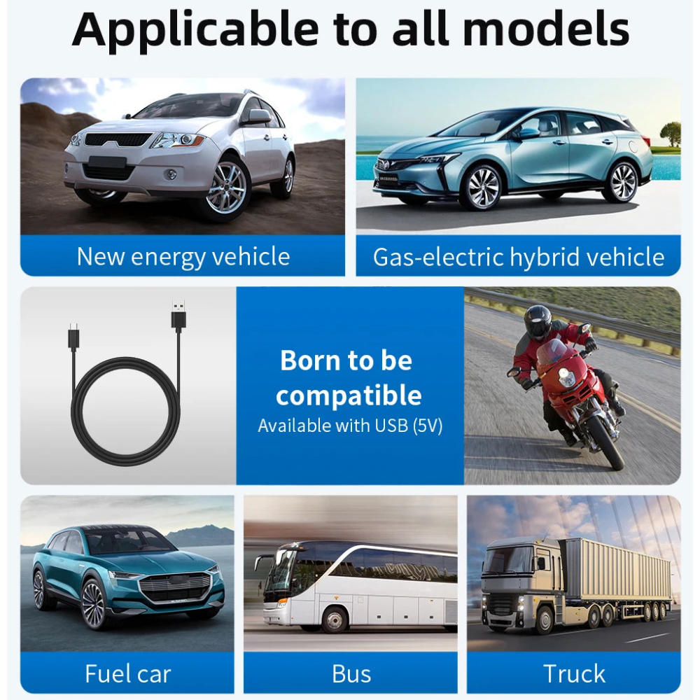 Visual guide displaying the USB-powered head-up display's compatibility with various vehicle types, including passenger cars, hybrid vehicles, trucks, and buses.