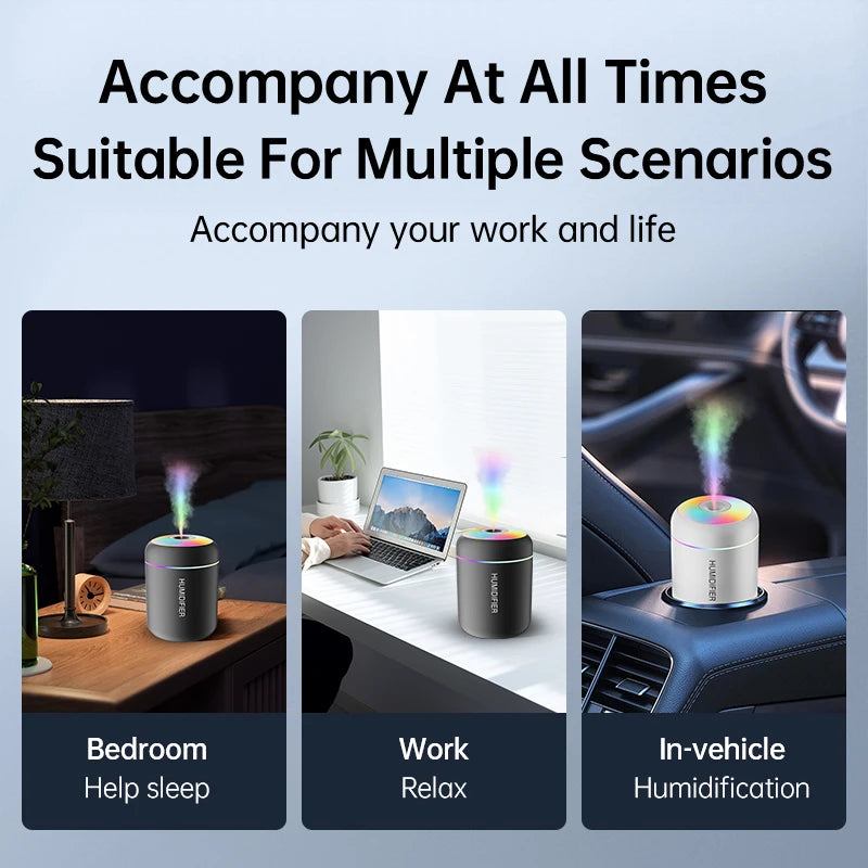 Visual grid demonstrating the USB humidifier operating across different environments, including a bedroom bedside table, an office workspace, and a vehicle interior.