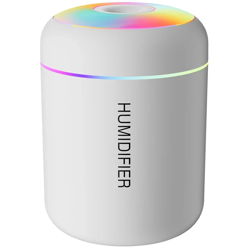 Pearl white USB portable car air humidifier and aroma diffuser featuring a cylindrical base, top mist outlet, and LED light ring.
