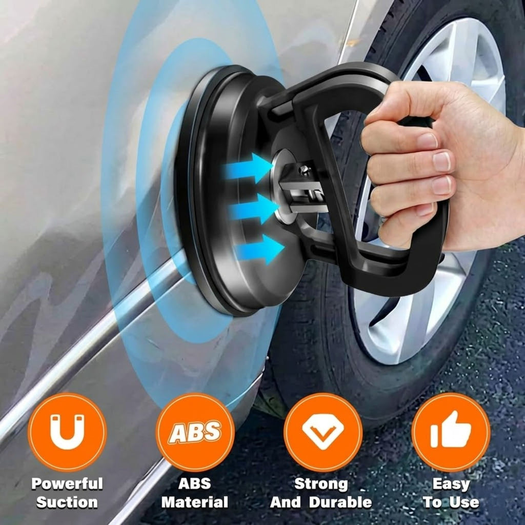 Large car dent puller engaged on a vehicle panel, featuring graphical callouts for its vacuum suction mechanics and ABS material construction.