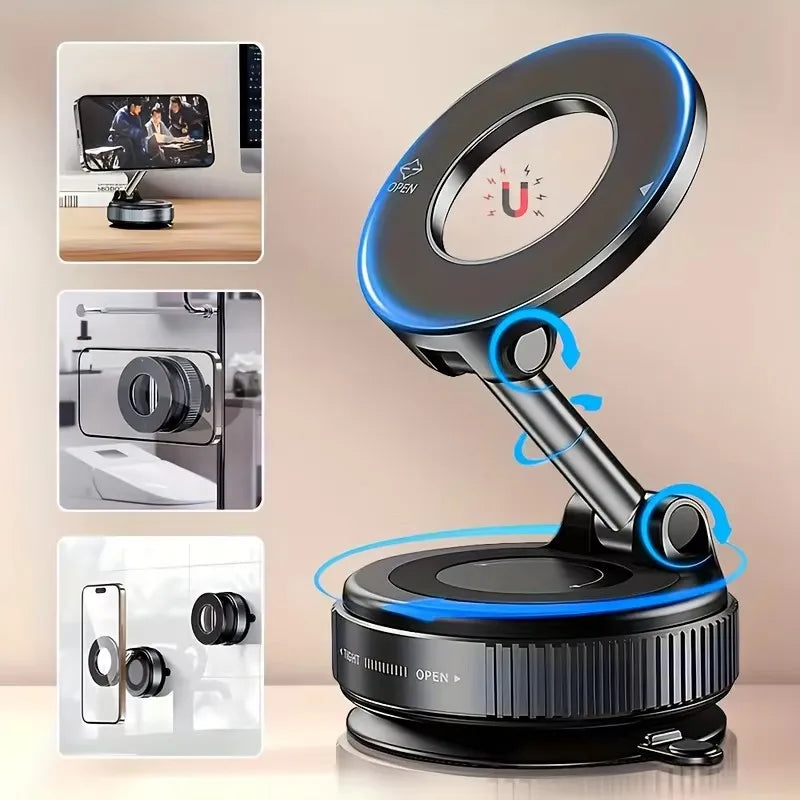 Lifestyle application showing the vacuum suction magnetic phone holder mounted on a desk, glass window, and bathroom mirror.