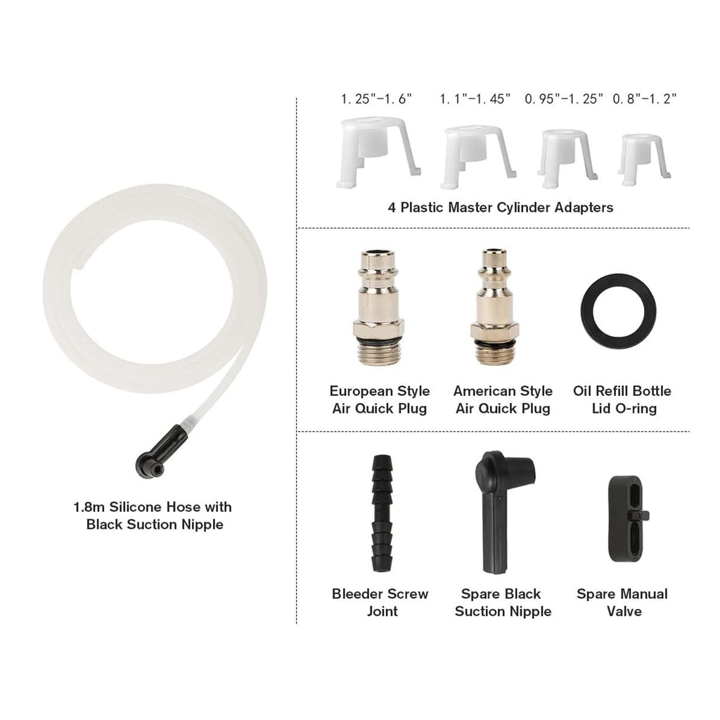 Vacuum Brake Bleeder accessory parts including silicone hose, plastic master cylinder adapters, air quick plugs and spare valves