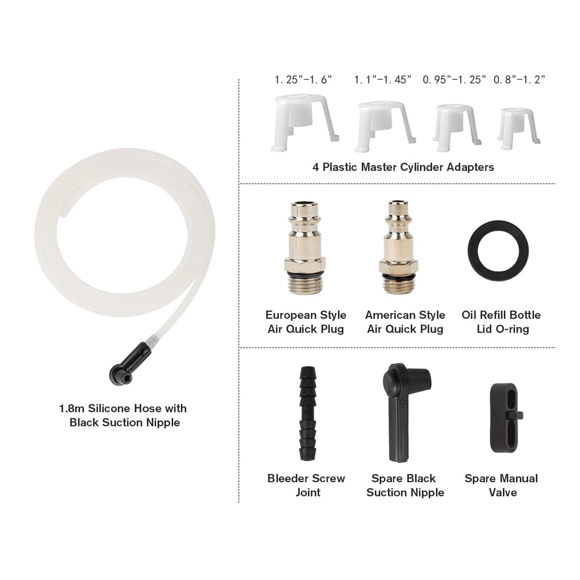 Vacuum Brake Bleeder accessory parts including silicone hose, plastic master cylinder adapters, air quick plugs and spare valves