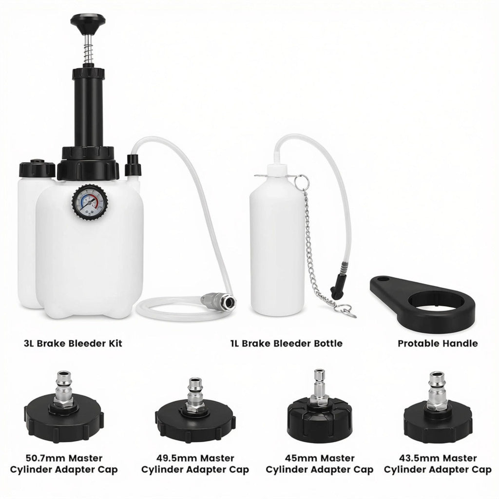 Vacuum Brake Bleeder 3L kit, 1L brake bleeder bottle, portable handle and four master cylinder adapter caps