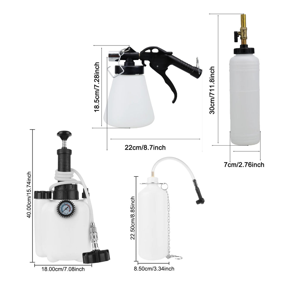 Dimension diagram of the Vacuum Brake Bleeder tester gun, hand pump kit and oil bottles with measurements in cm and inches