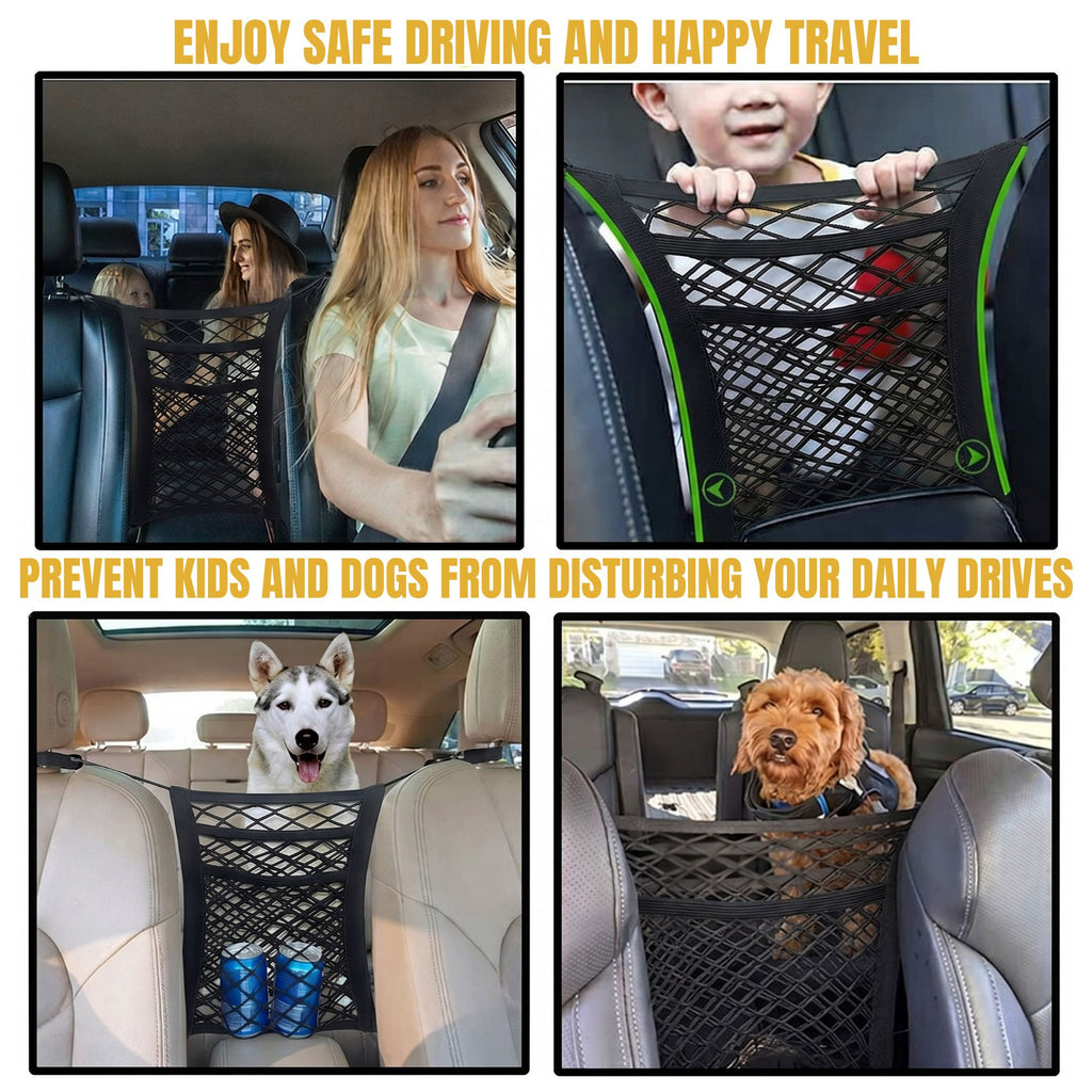 A car seat mesh divider functioning as a physical pet barrier, keeping dogs and children safely in the rear cabin during transit.
