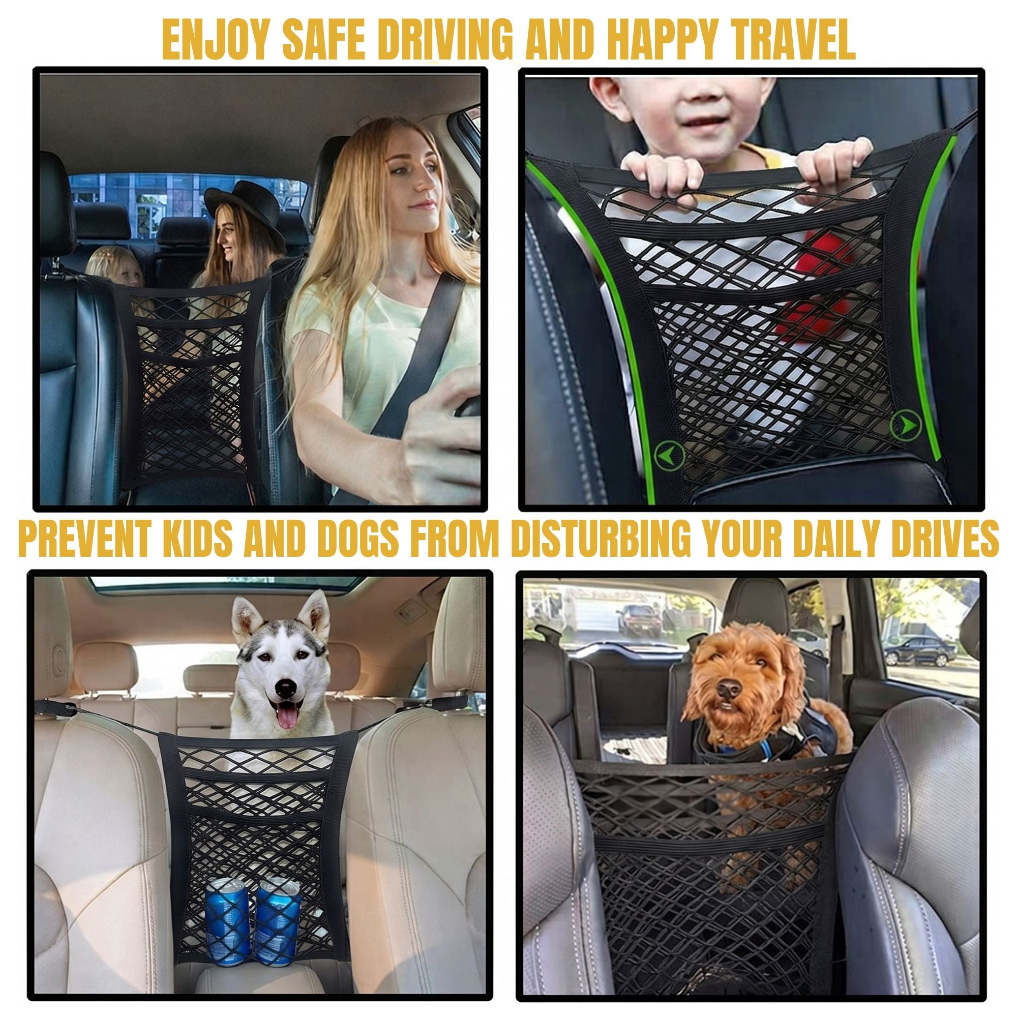 A car seat mesh divider functioning as a physical pet barrier, keeping dogs and children safely in the rear cabin during transit.