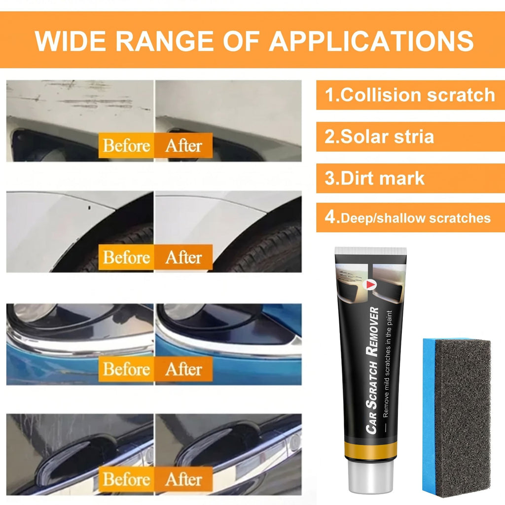 Visual guide illustrating the wide range of applications for the car scratch remover, showcasing successful treatments for collision scratches, solar stria, dirt marks, and shallow clear-coat scratches.