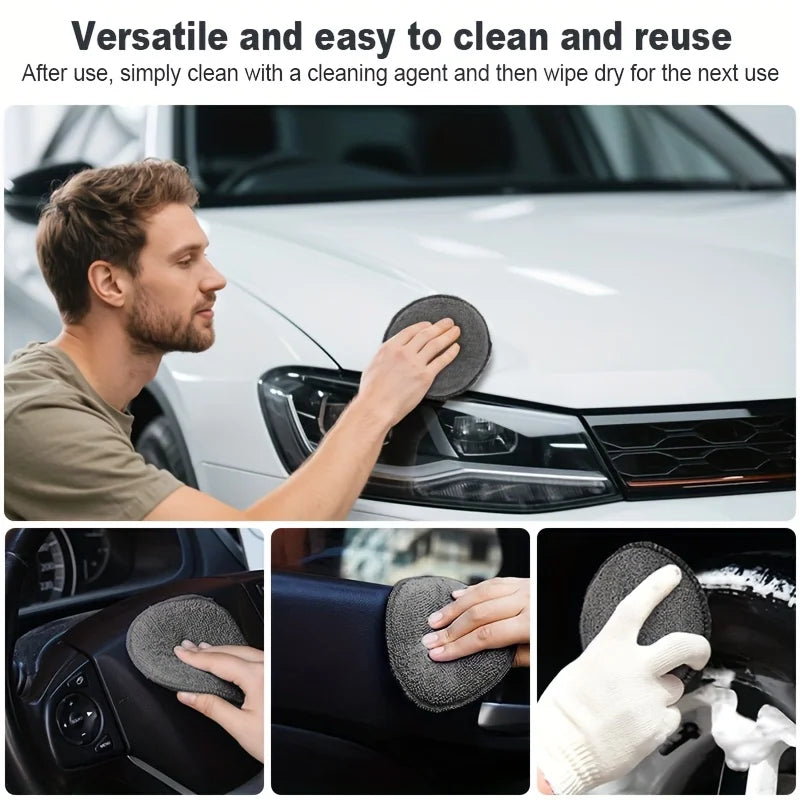 Collage showing the microfibre applicator pads being used to wipe a vehicle's exterior hood and interior door panels.