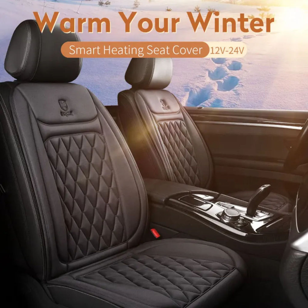 Aspirational lifestyle view of the smart heating car seat protectors installed in a vehicle, demonstrating a warm and comfortable winter driving experience.