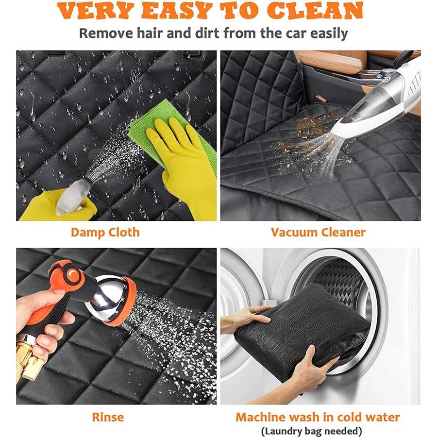 Four cleaning methods for the dog car seat cover showing wiping with a damp cloth, vacuuming, rinsing with a hose, and machine washing.