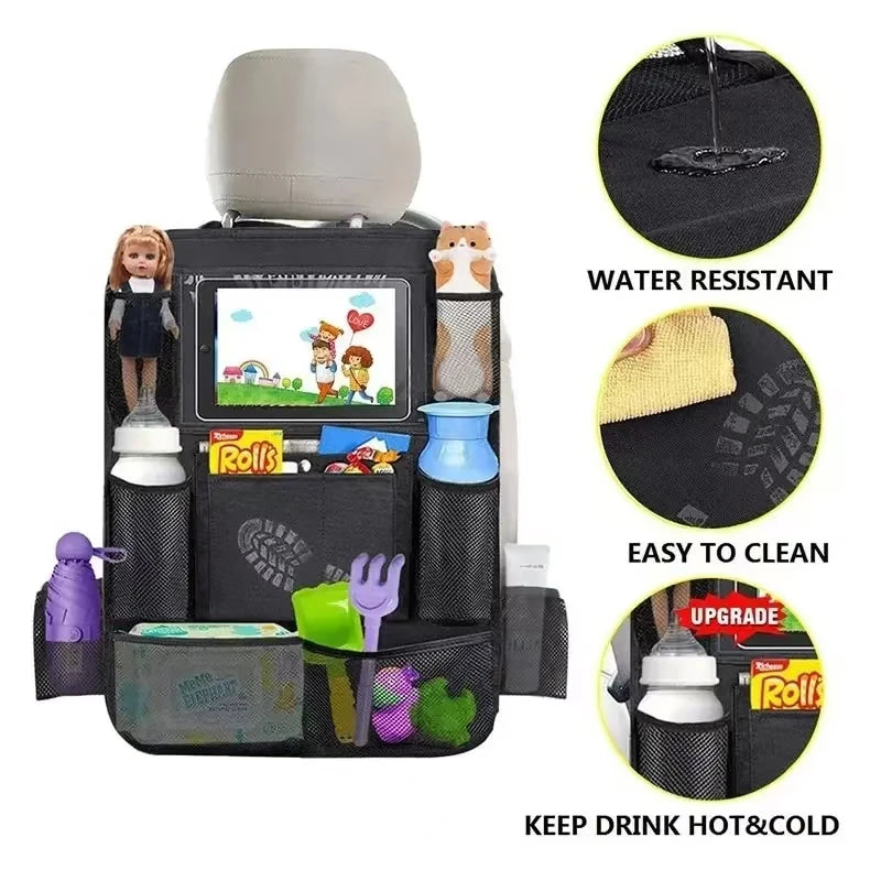 Car backseat organiser highlighting the water-resistant fabric, kick mat cleaning application, and drink storage compartments.