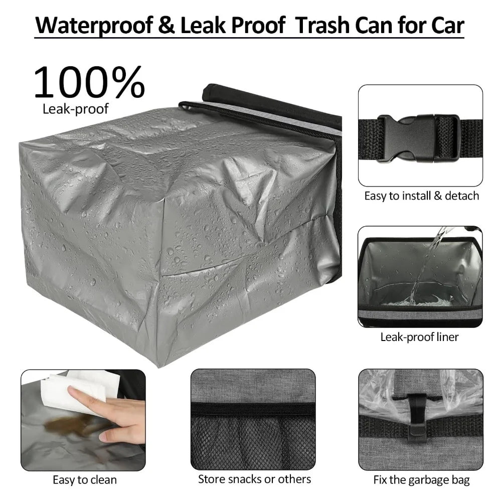 Detailed breakdown of the car rubbish bin showing the leakproof internal lining, mesh pockets, and quick-release buckle.
