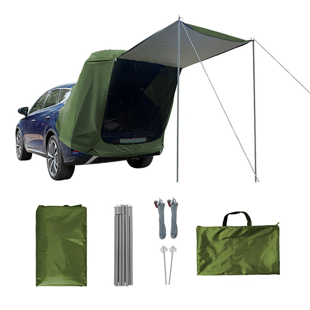 Tactical green waterproof car boot extension tent displayed with included aluminium support poles, wind ropes, ground stakes, and storage bag.