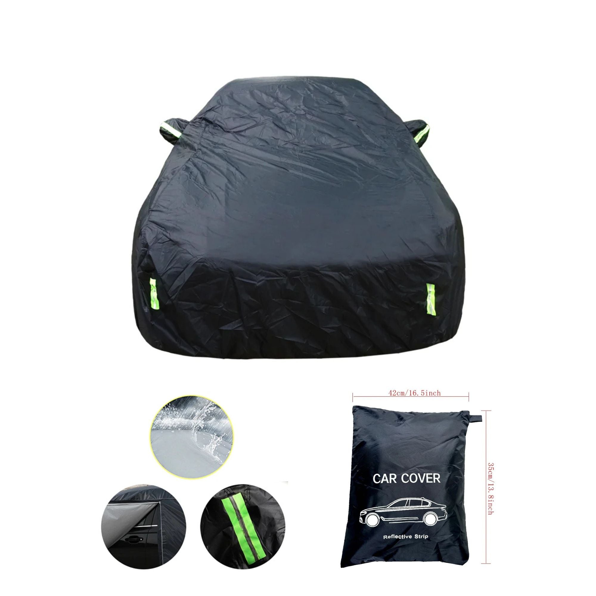 A front view of the black full car cover highlighting the waterproof material close-up, the side mirror reflective strips, and the included dedicated storage bag.