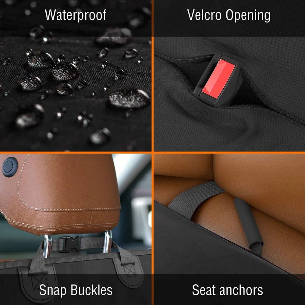 Close-up details of the dog car seat cover showing water resistance on the fabric, velcro openings, snap buckles, and seat anchors.
